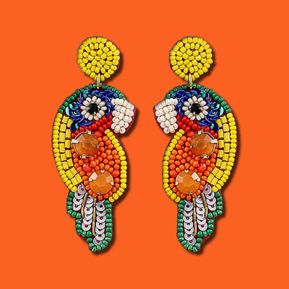 Jeweled & Seed Beaded Tropical Parrot Resort Style Statement Earrings NEW